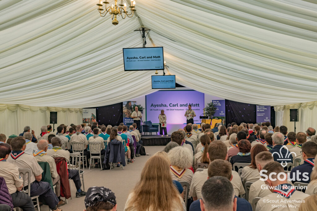 Scout AGM audience looking to the stage with Ayesha, Carl & Matt